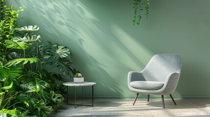 Wall Mural - A chair is sitting in front of a wall with green plants. Generate AI image