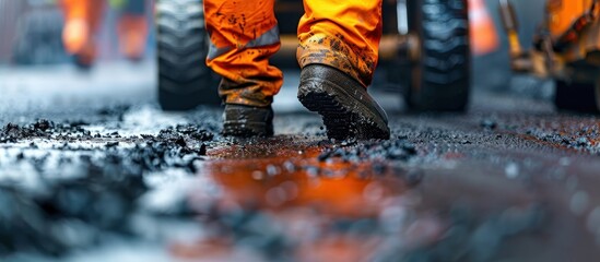 Wall Mural - Construction Worker Walking on Freshly Paved Asphalt Road in Bright Orange Safety Gear