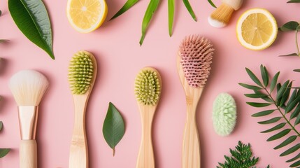 Poster - Eco friendly beauty tools made from natural materials on pink background