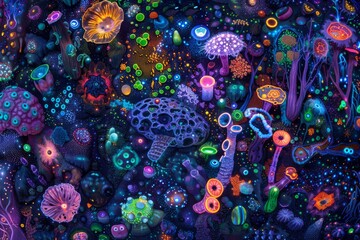 Canvas Print - Psychedelic neon jungle scene with vibrant colors and glowing effects in a digital surreal style.