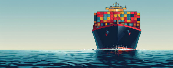 Poster - A large cargo ship is sailing in the ocean. The ship is large and has many containers on it. The ocean is calm and the sky is clear