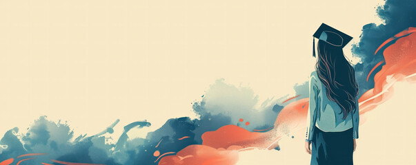 Poster - A woman with a graduation cap is standing in front of a blue and orange swirl. Concept of accomplishment and the transition from one phase of life to another