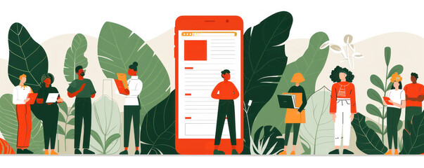 Poster - A group of people are standing in front of a cell phone with a green background. The people are holding various items such as a laptop, a book, and a handbag. Concept of technology and productivity