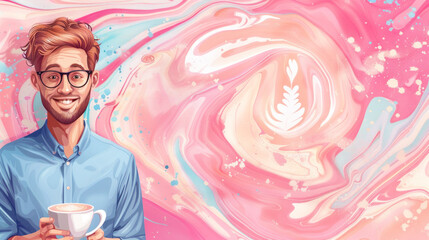 Poster - A man is holding a coffee cup and smiling. The background is a colorful swirl with pink and blue tones