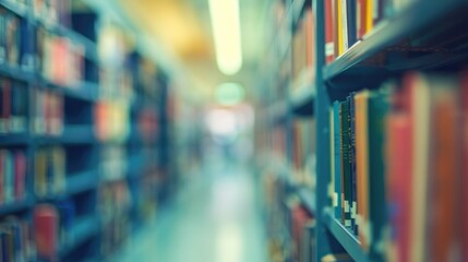 Poster - Blurred college library interior with bookshelves for educational concepts