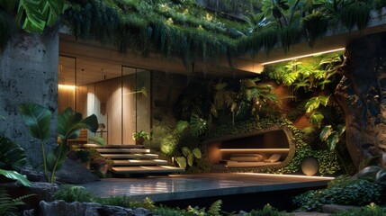 Aufkleber - A modern home with a large glass door and concrete walls is surrounded by lush greenery, including a vertical garden and plants growing on the roof.