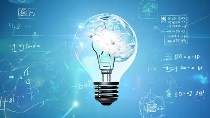 Poster - A light bulb with a bright light, containing a transparent image of the Earth inside, shines on a blue background with mathematical formulas.