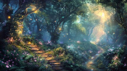 Aufkleber - A stone path winds through a magical forest, illuminated by glowing lights and surrounded by lush greenery.