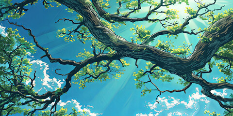 Wall Mural - the large branch of the tree stretched out its leaves and branches, generative ai