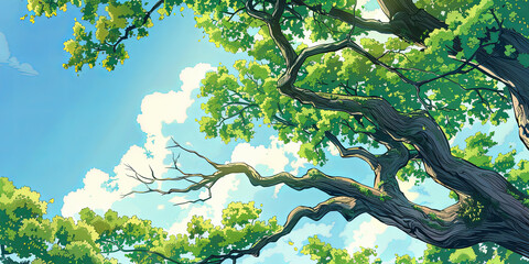 Wall Mural - the large branch of the tree stretched out its leaves and branches, generative ai