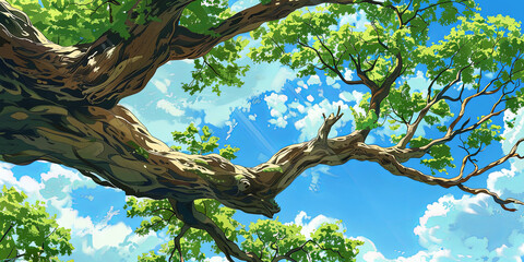Wall Mural - the large branch of the tree stretched out its leaves and branches, generative ai