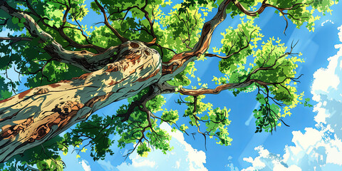 Wall Mural - the large branch of the tree stretched out its leaves and branches, generative ai