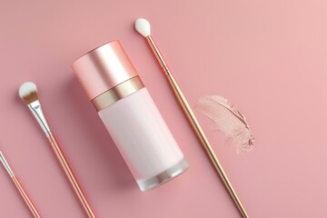 Wall Mural - A pink makeup bottle and brushes are laid out on a pink background, copy space