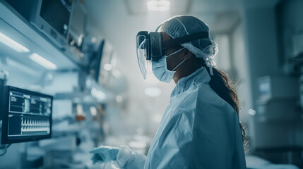 Poster - A woman in a white lab coat is wearing a mask and gloves and is looking at a computer screen