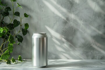 Wall Mural - A silver aluminum can stands on a gray background, with sunlight streaming in through a window, copy space