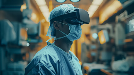 Poster - A man in a white lab coat wearing a mask and a hat is looking at a computer screen