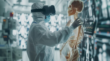 Poster - A man in a white lab coat is touching a skeleton on a screen. The skeleton is in a 3D format, and the man is wearing a mask. Concept of curiosity and fascination with the human body and its anatomy