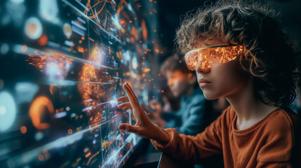 Wall Mural - A young boy wearing a pair of virtual reality goggles is reaching out to touch a glowing screen. Concept of wonder and excitement as the girl explores the digital world