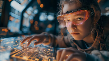 Poster - A girl wearing virtual reality goggles is looking at a computer screen. Concept of wonder and excitement as the girl explores the digital world