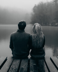 Wall Mural - a couple sitting on a dock by a lake, facing away from the camera. It's a black and white photo with a foggy background.