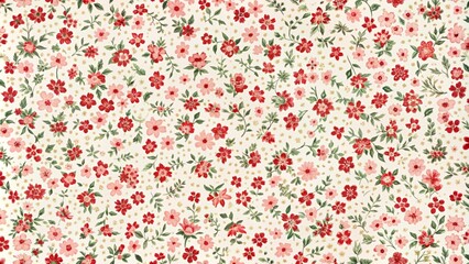 delicate small pink and red ditsy flowers on white seamless background forming elegant retro floral 