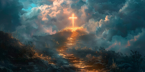 Wall Mural - A stairway leading to the heavenly afterlife, adorned with a glowing holy cross, representing a spiritual journey and faith.