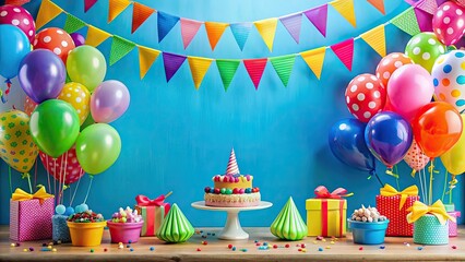 Colorful birthday party decorations including balloons, banners, and streamers , birthday party, decoration, balloons