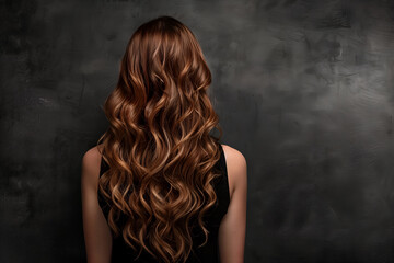 Woman with long wavy brown hair is posing with her back turned on a black background