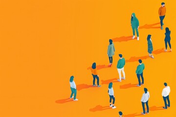 Wall Mural - Group of diverse people standing in line in isometric style on vibrant orange background in business setting