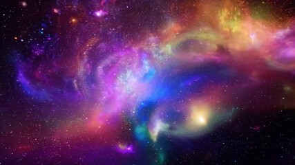 Poster - A vibrant nebula swirls with hues of pink, purple, orange, yellow, and green against a backdrop of scattered stars.