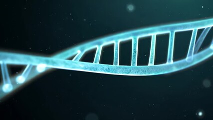 Poster - a close up of a blue glowing dna double helix against a dark blue background.