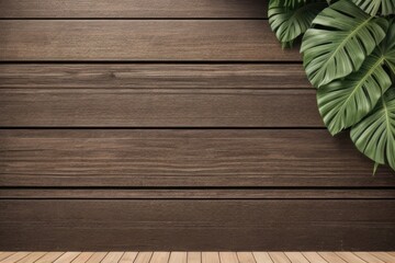 Empty wooden wall with green leaves