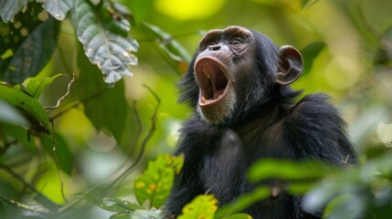 Poster - A chimpanzee stands with its mouth wide open, howling in the dense, green rainforest. The light shines through the leaves, creating a bokeh effect in the background