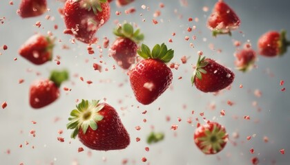 Wall Mural - The composition of strawberries. Cut strawberries into pieces flying in the air