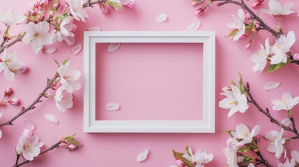 Sticker - Creative flat lay with blank frame mockup cherry tree flowers on pink background for your design