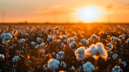 Aufkleber - A vast cotton field bathed in the warm glow of a setting sun. Cotton blossoms stand tall, illuminated by the golden light
