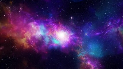 Poster - A vibrant nebula with shades of red, purple, and blue glows brightly against a dark background of stars.