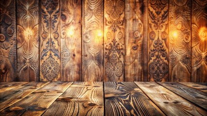 Wall Mural - Vintage distressed wooden texture background with blurred wooden planks and intricate patterns on an old wooden surface design.