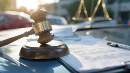 Judge gavel and documents on car hood , Legal proceedings for a car accident insurance claim.	