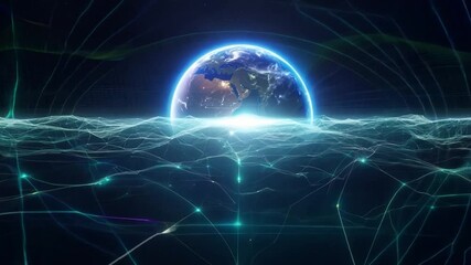 Poster - A stylized depiction of Earth from space, with a glowing blue halo and a network of glowing green lines across the foreground.