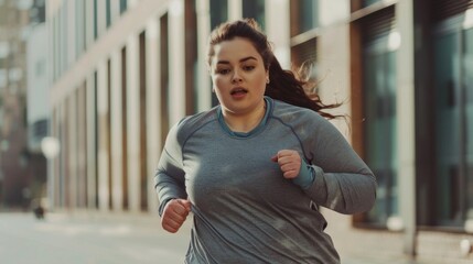 Wall Mural - A woman runs down a street wearing a grey sweatshirt