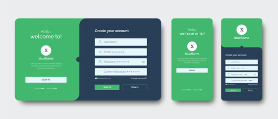 Sign In forms. Registration and login and password forms page for mobile app. Desktop website and mobile vector template.