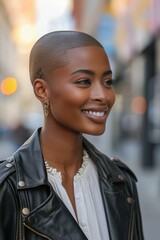 Poster - A woman with a shaved head and ear piercings smiles. AI.