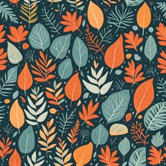 Wall Mural - a seamless pattern of flat color leaves and botanical elements