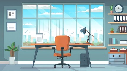 Modern Office Interior Design Illustration with Desk, Chair, and Window View