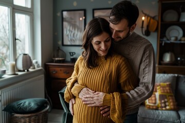 Pregnant couple embracing while talking and touching the belly in the living room at home 