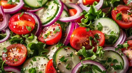 Wall Mural - Fresh vegetable salad with sliced tomatoes, cucumbers, red onions, and lettuce, seasoned with herbs, perfect for a healthy meal.