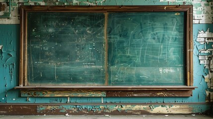 Poster - Three section green felt tack board on wall of old empty classroom in deserted abandoned school : Generative AI