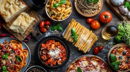 Poster - Pasta various dishes overhead flat lay shot Italian food and wine : Generative AI