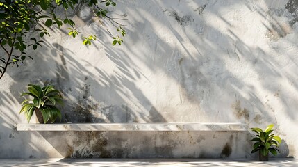 Aufkleber - White concrete empty table organic curtain and plant shadow on cement wall Summer exterior scene for product placement mockup Neutral minimal aesthetic : Generative AI